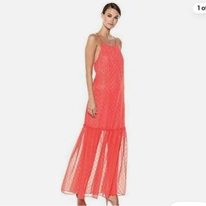 Trina Turk Signature XL Cloverdale Chiffon Coral Tiered Maxi Dress- Ties in back